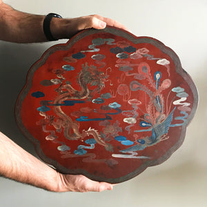 Chinese Red Lacquered Papier Mache Marriage Box. The box is decorated with Dragons & pheasants, a sign of good luck for the married couple. Gilt detail with the sides having an unusual scolloped shape adding to its country house look - SHOP NOW - www.intovintage.co.uk