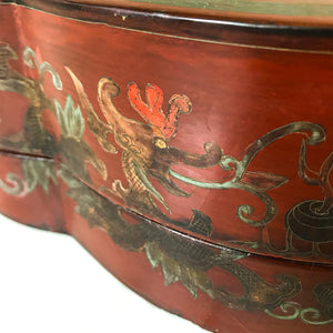 Chinese Red Lacquered Papier Mache Marriage Box. The box is decorated with Dragons & pheasants, a sign of good luck for the married couple. Gilt detail with the sides having an unusual scolloped shape adding to its country house look - SHOP NOW - www.intovintage.co.uk
