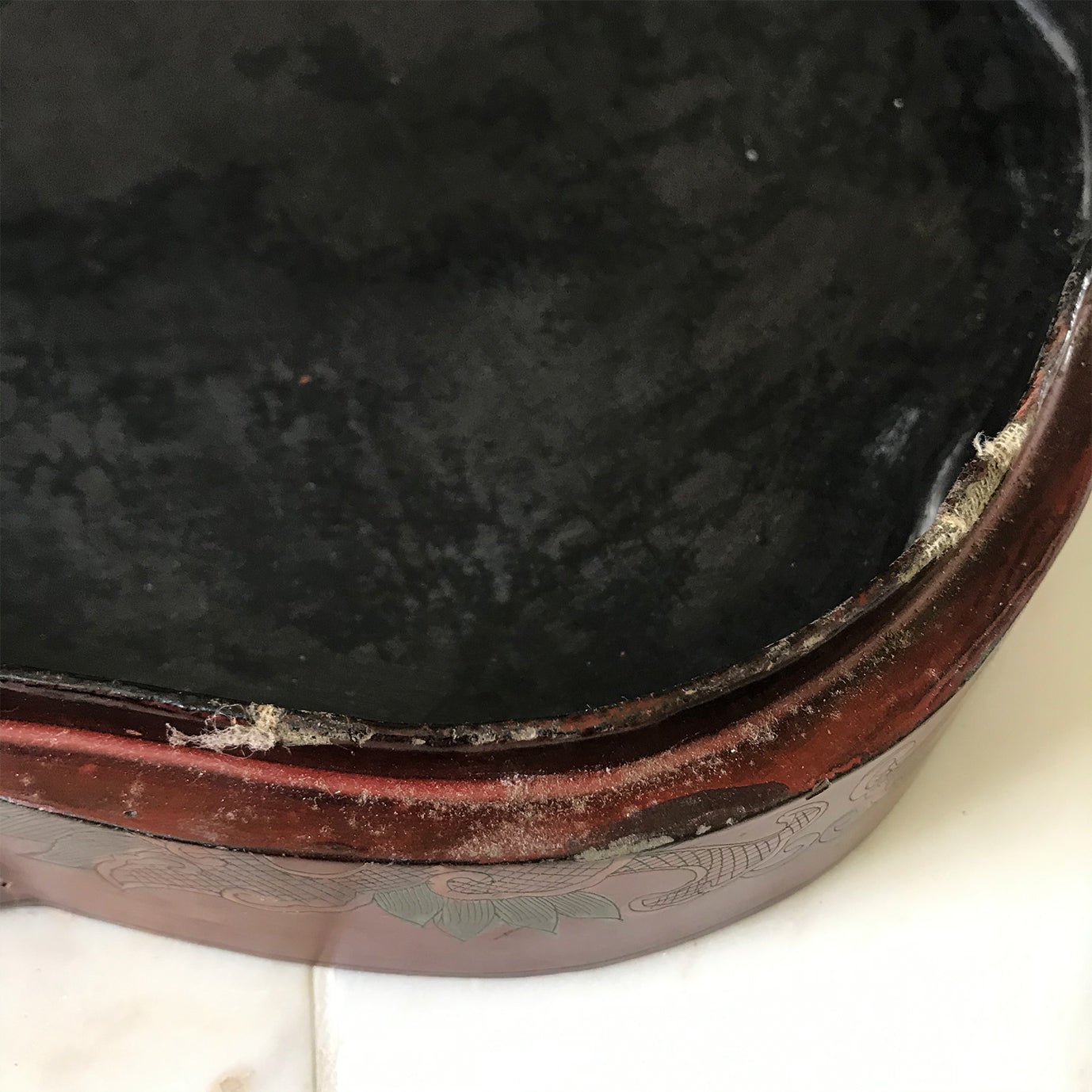 Chinese Red Lacquered Papier Mache Marriage Box. The box is decorated with Dragons & pheasants, a sign of good luck for the married couple. Gilt detail with the sides having an unusual scolloped shape adding to its country house look - SHOP NOW - www.intovintage.co.uk