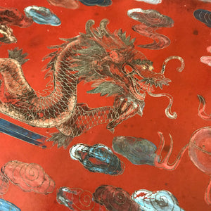 Chinese Red Lacquered Papier Mache Marriage Box. The box is decorated with Dragons & pheasants, a sign of good luck for the married couple. Gilt detail with the sides having an unusual scolloped shape adding to its country house look - SHOP NOW - www.intovintage.co.uk