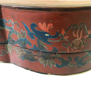 Chinese Red Lacquered Papier Mache Marriage Box. The box is decorated with Dragons & pheasants, a sign of good luck for the married couple. Gilt detail with the sides having an unusual scolloped shape adding to its country house look - SHOP NOW - www.intovintage.co.uk