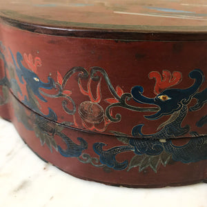 Chinese Red Lacquered Papier Mache Marriage Box. The box is decorated with Dragons & pheasants, a sign of good luck for the married couple. Gilt detail with the sides having an unusual scolloped shape adding to its country house look - SHOP NOW - www.intovintage.co.uk