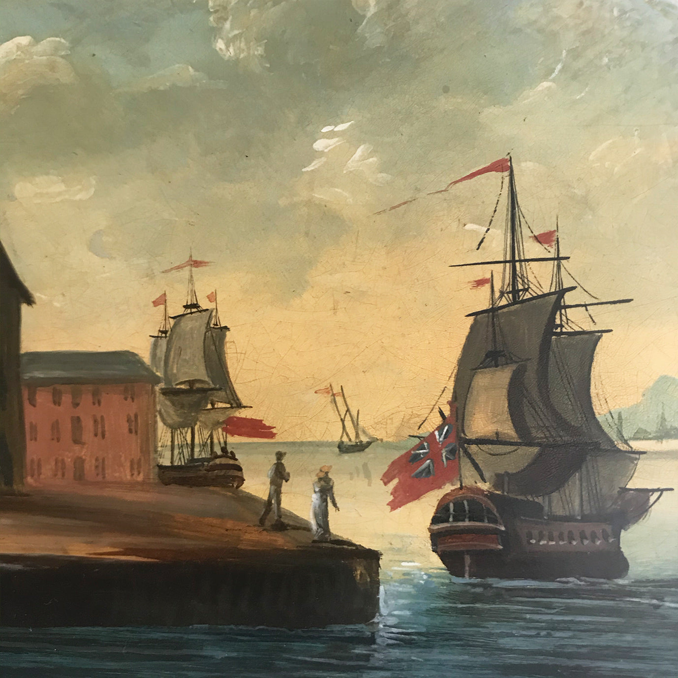 Beautiful Antique Clock Face by Johnson of Knaresboro. It has a charming harbour scene with a couple strolling along a period waterside quay and two naval frigates in full sail showing the Royal Navy flag - SHOP NOW - www.intovintage.co.uk