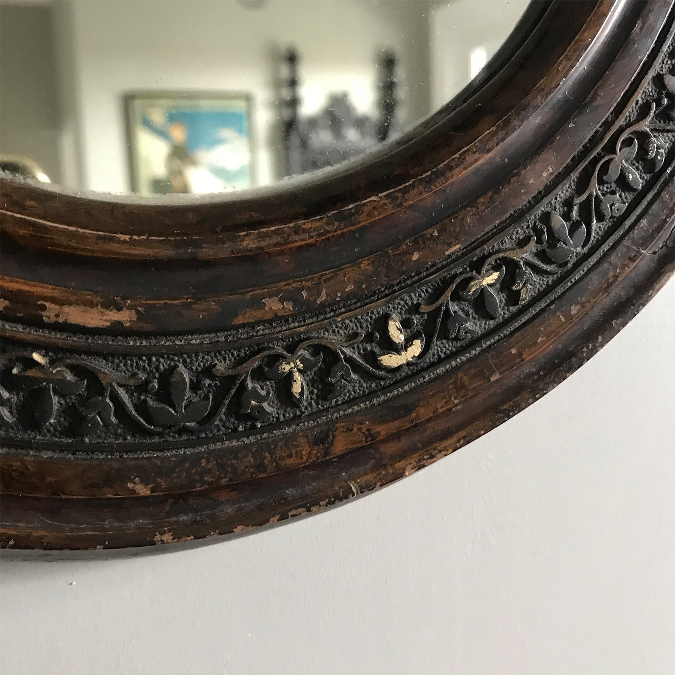 Unusually clover shaped Victorian Mirror. Finished in a painted wood effect with gold leak pattern on gesso - SHOP NOW - www.intovintage.co.uk