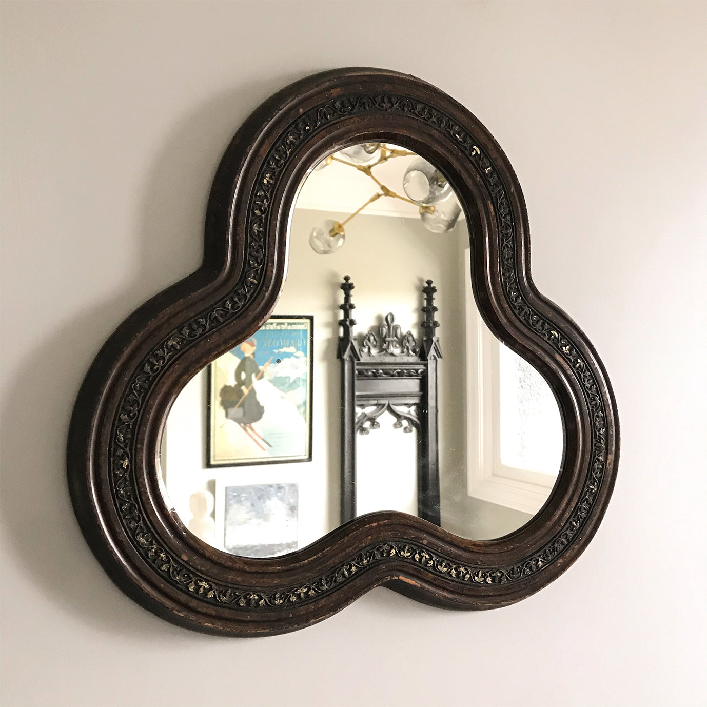 Unusually clover shaped Victorian Mirror. Finished in a painted wood effect with gold leak pattern on gesso - SHOP NOW - www.intovintage.co.uk