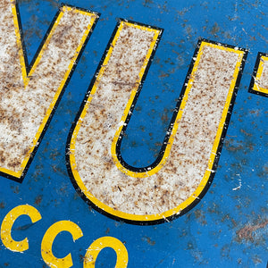 A 1930s Ogden's Cob Nut Sliced Tobacco Tin Sign. In a fantastic bright blue with yellow and black highlights around white type.warm yellow with dark blue type. - SHOP NOW - www.intovintage.co.uk