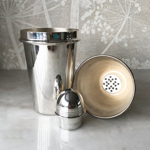 A classy vintage Silver Plate Cocktail Shaker. Great ring detail on main body and cap. The cap and top fits snuggly with no leaks - SHOP NOW - www.intovintage.co.uk