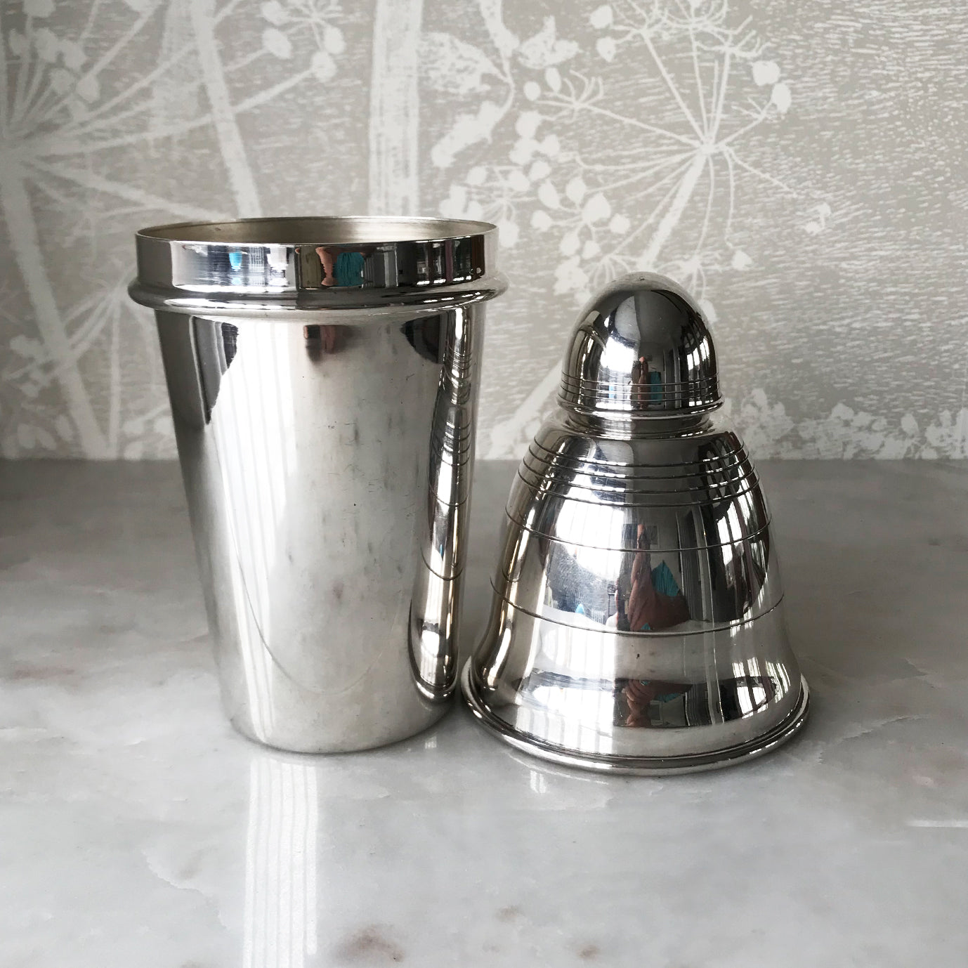A classy vintage Silver Plate Cocktail Shaker. Great ring detail on main body and cap. The cap and top fits snuggly with no leaks - SHOP NOW - www.intovintage.co.uk