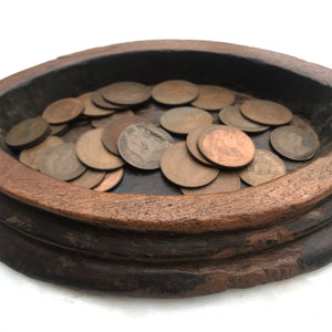 Beautiful early oak church collection plate complete with pennies! Carved from a single piece of oak, this probably Georgian plate would have been used by the church to collect from the congregation. Great to keep your keys or loose change in by the front door - SHOP NOW - www.intovintage.co.uk