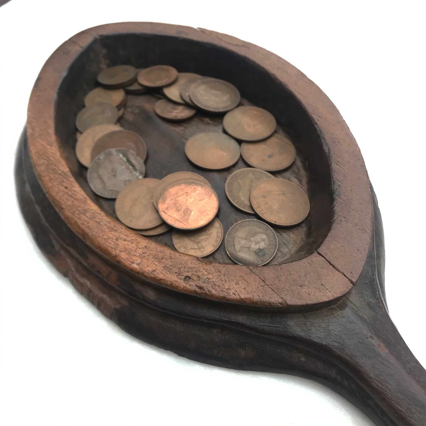 Beautiful early oak church collection plate complete with pennies! Carved from a single piece of oak, this probably Georgian plate would have been used by the church to collect from the congregation. Great to keep your keys or loose change in by the front door - SHOP NOW - www.intovintage.co.uk
