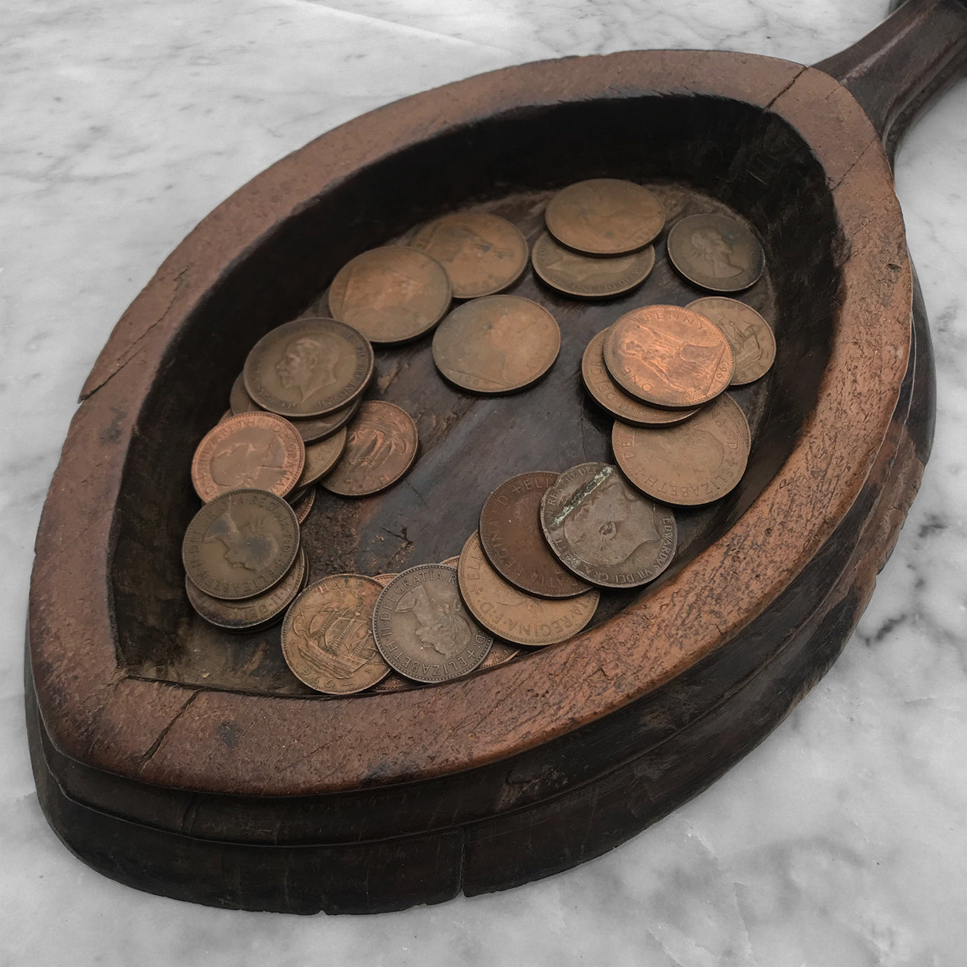 Beautiful early oak church collection plate complete with pennies! Carved from a single piece of oak, this probably Georgian plate would have been used by the church to collect from the congregation. Great to keep your keys or loose change in by the front door - SHOP NOW - www.intovintage.co.uk