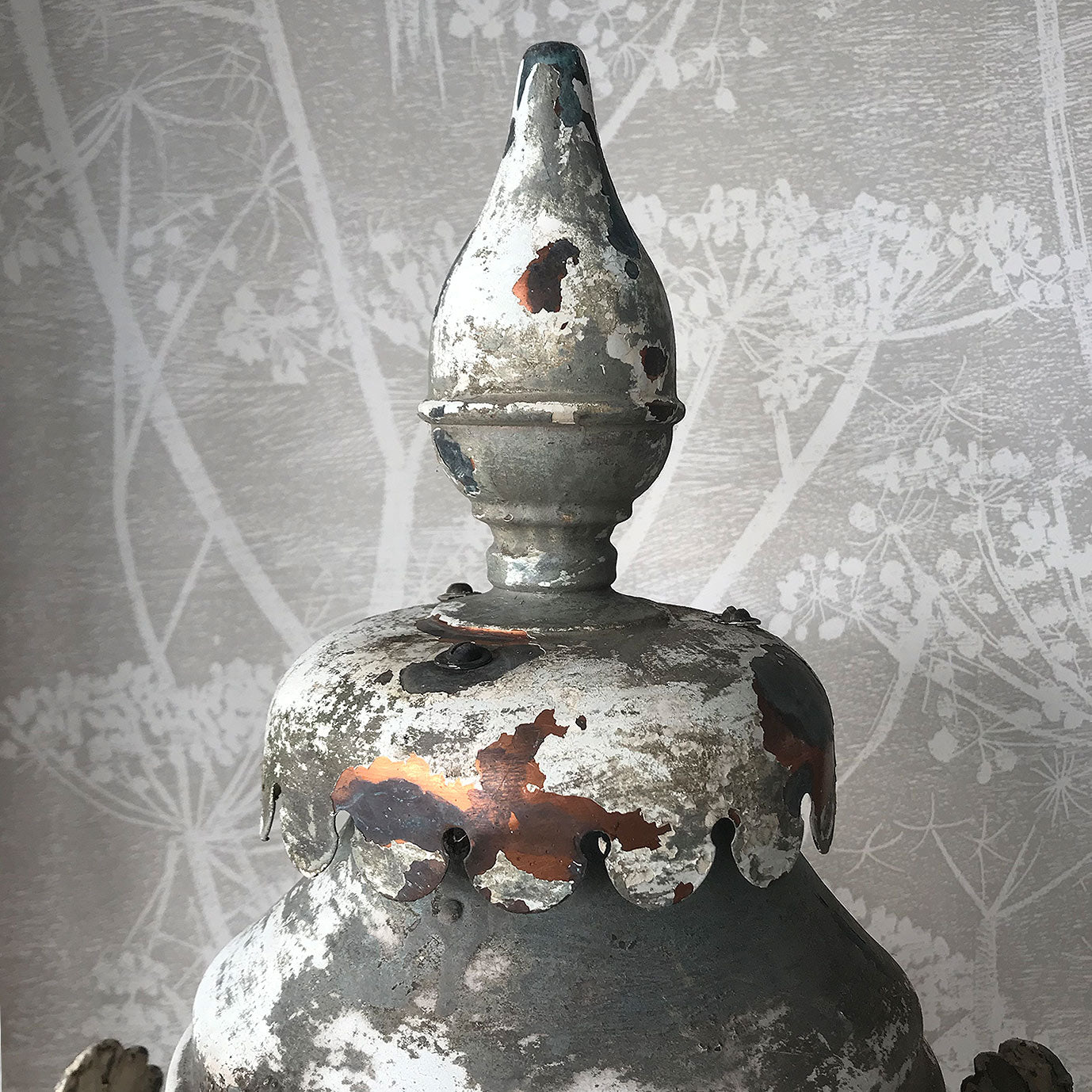 Beautifully distressed large Victorian Antique Copper Lantern. Years of weather have turned this lamp in to a thing of beauty. It stands XX tall with a decorative lead border that has remnants of the gold paint that adorned it. In good structural order having been dismantled, cleaned and re-assembled - SHOP NOW - www.intovintage.co.uk
