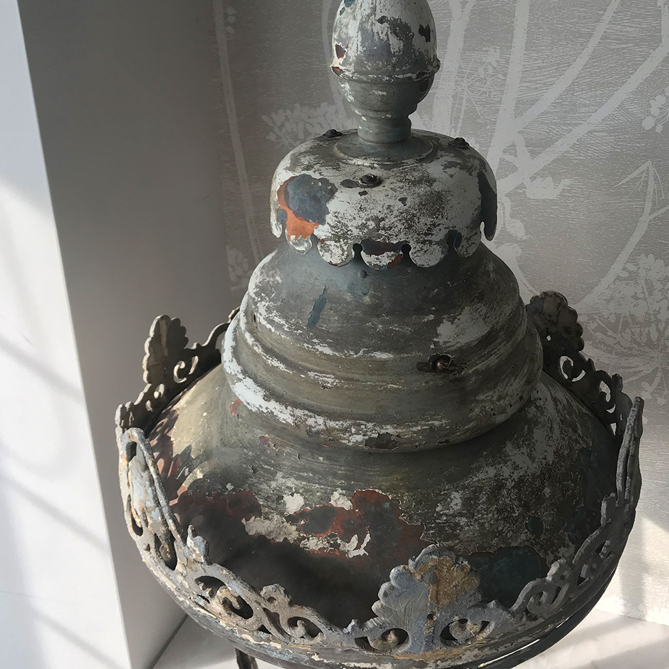 Beautifully distressed large Victorian Antique Copper Lantern. Years of weather have turned this lamp in to a thing of beauty. It stands XX tall with a decorative lead border that has remnants of the gold paint that adorned it. In good structural order having been dismantled, cleaned and re-assembled - SHOP NOW - www.intovintage.co.uk