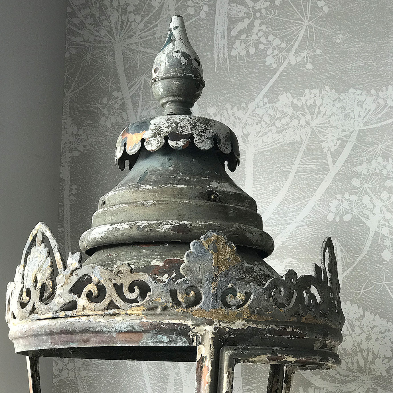 Beautifully distressed large Victorian Antique Copper Lantern. Years of weather have turned this lamp in to a thing of beauty. It stands XX tall with a decorative lead border that has remnants of the gold paint that adorned it. In good structural order having been dismantled, cleaned and re-assembled - SHOP NOW - www.intovintage.co.uk