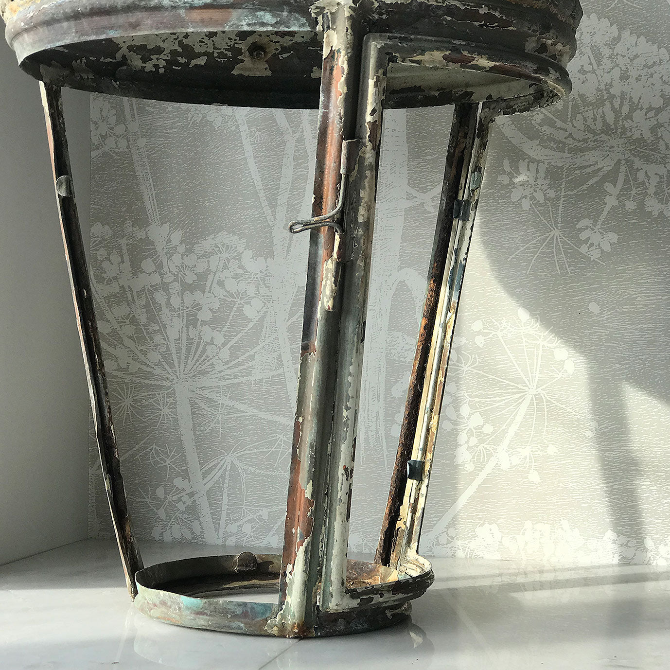Beautifully distressed large Victorian Antique Copper Lantern. Years of weather have turned this lamp in to a thing of beauty. It stands XX tall with a decorative lead border that has remnants of the gold paint that adorned it. In good structural order having been dismantled, cleaned and re-assembled - SHOP NOW - www.intovintage.co.uk