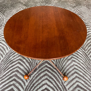 A mid century copper legged occasional table. Crafted from quality teak and copper. The slender copper legs finished in vey cool teak ball feet - SHOP NOW - www.intovintage.co.uk
