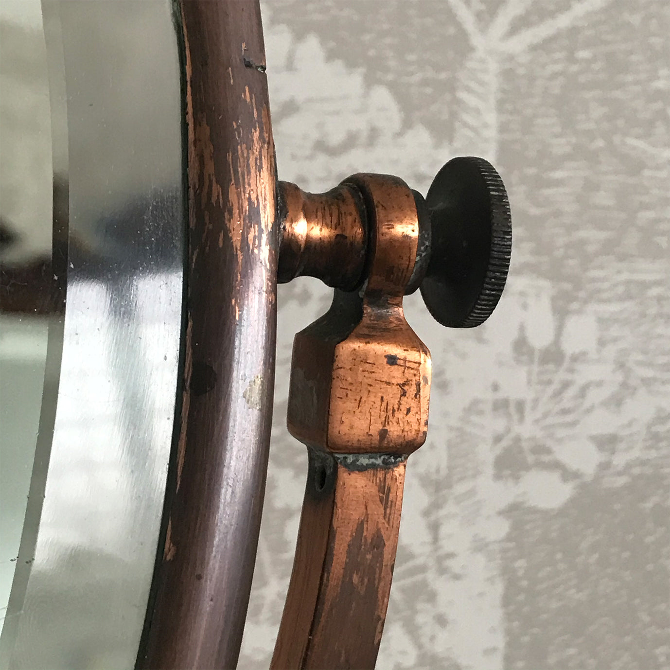 A very pretty Vintage Copper Shop Counter Mirror from an old Leigh on Sea haberdashery shop C.1930. The original mirror plate, that swivels in the frame, is bevelled and has a slight foxing on it. Great patina on the copper. Would look great in the bathroom or on the dressing table - SHOP NOW - www.intovintage.co.uk