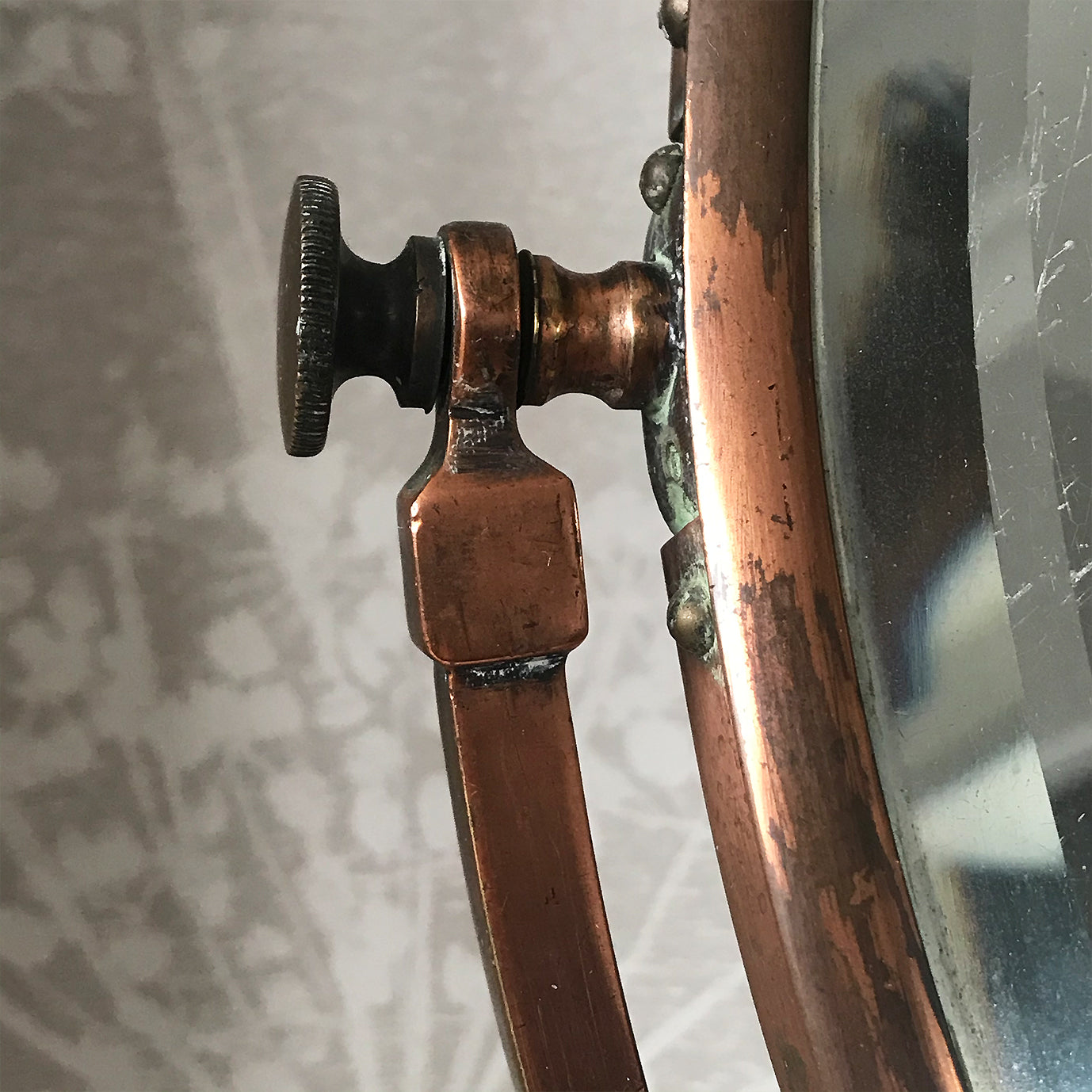 A very pretty Vintage Copper Shop Counter Mirror from an old Leigh on Sea haberdashery shop C.1930. The original mirror plate, that swivels in the frame, is bevelled and has a slight foxing on it. Great patina on the copper. Would look great in the bathroom or on the dressing table - SHOP NOW - www.intovintage.co.uk