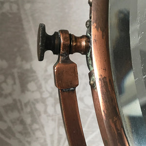 A very pretty Vintage Copper Shop Counter Mirror from an old Leigh on Sea haberdashery shop C.1930. The original mirror plate, that swivels in the frame, is bevelled and has a slight foxing on it. Great patina on the copper. Would look great in the bathroom or on the dressing table - SHOP NOW - www.intovintage.co.uk