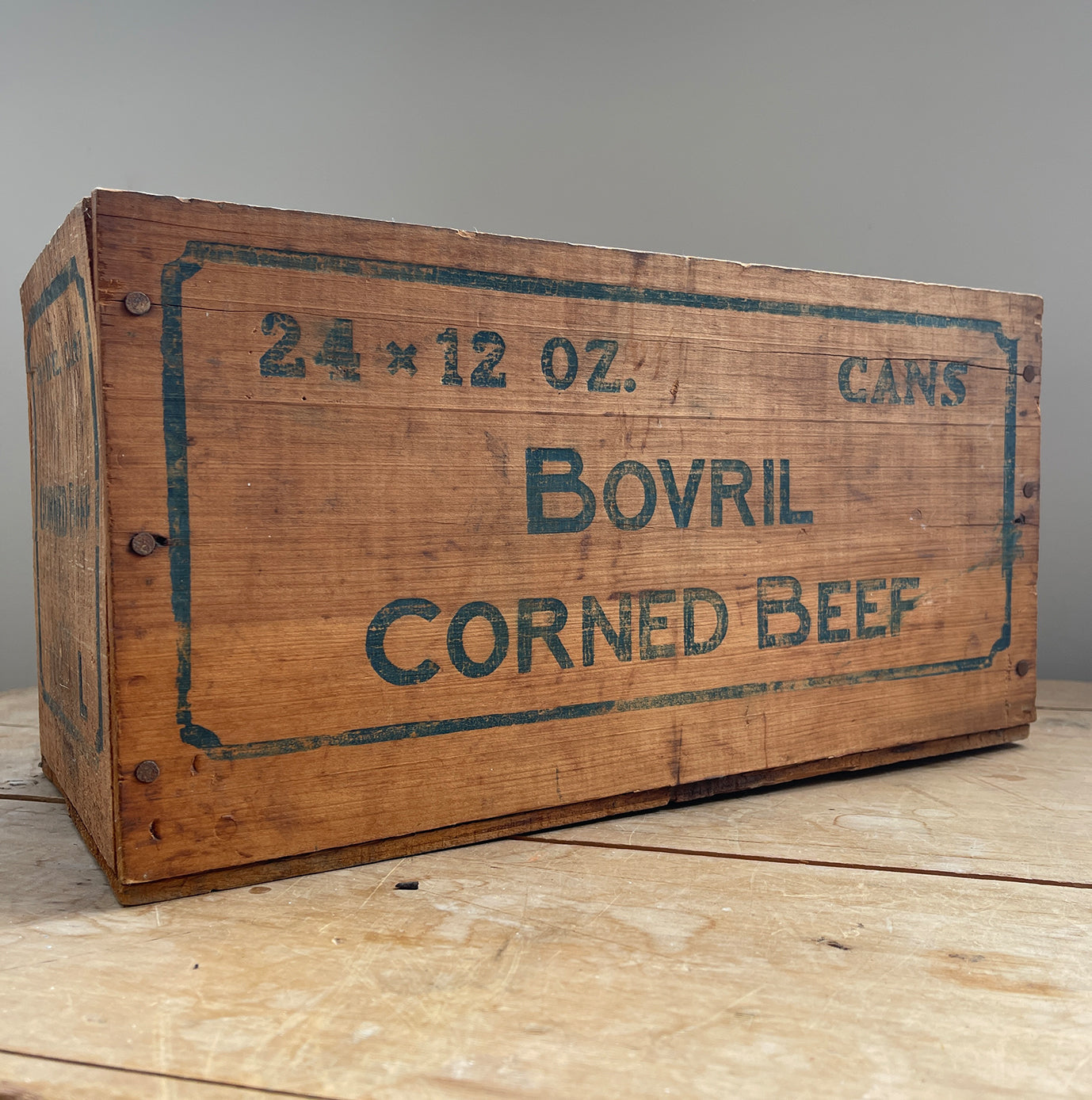 An early Bovril Corned Beef Box that would have held 24 12oz cans of prime Bovril Corned Beef all the way from Argentina. These old advertising boxes make great display storage for the kitchen - SHOP NOW - www.intovintage.co.uk