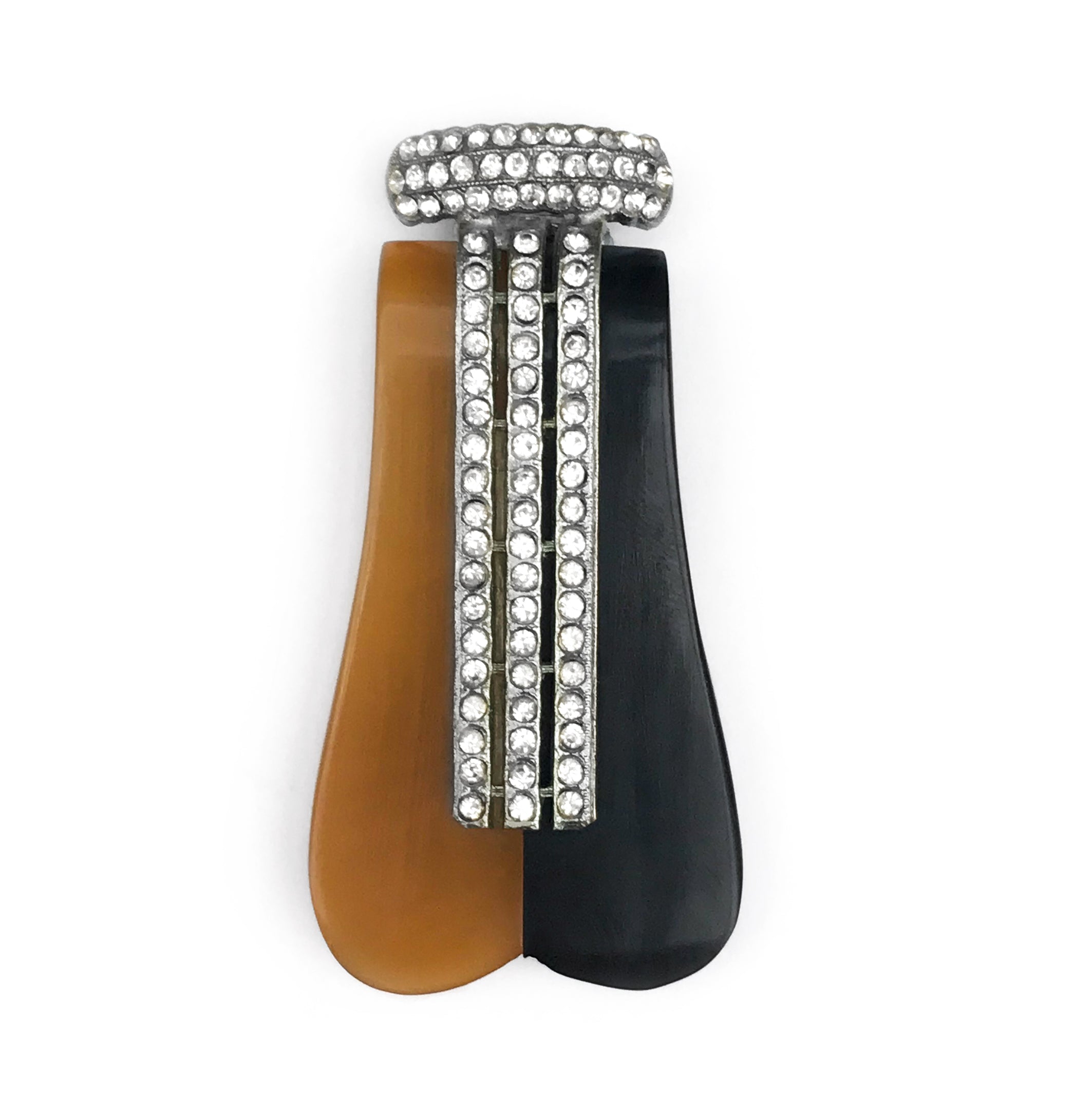 A magnificent art deco dress clip topped with diamantes. The duo colour base is topped with diamantes set in silvertone metal. It can be clipped to a dress or coat to add instant deco glamour - SHOP NOW - www.intovintage.co.uk