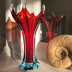 Mid-Century, Modernist, organic glass vase, made on the island of Murano, near Venice, Italy. It has a stunning red glass encased in petrol blue glass, using the renowned Venetian Sommerso technique - SHOP NOW - www.intovintage.co.uk