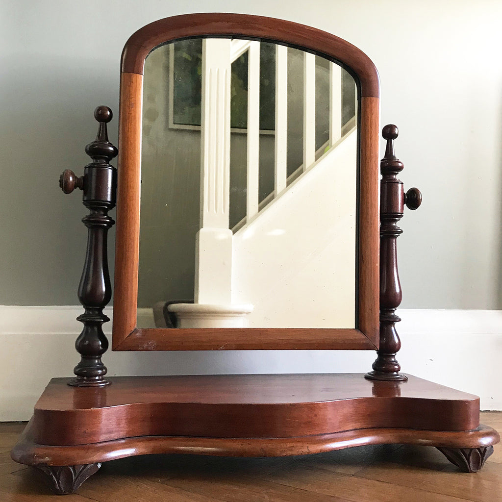 Pretty and versatile mahogany veneered Victorian dressing table mirror, with turned mirror frame supports. Lovely warm tone with an elegant scalloped front - SHOP NOW - www.intovintage.co.uk
