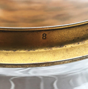 Good sized Cut Glass Edwardian Dressing Table Jar. With a brass rim inset with a wood effect lid that fits snuggly on to the glass. Ideal for the dressing table to keep your cotton wool pads in or some other treasure - SHOP NOW - www.intovintage.co.uk