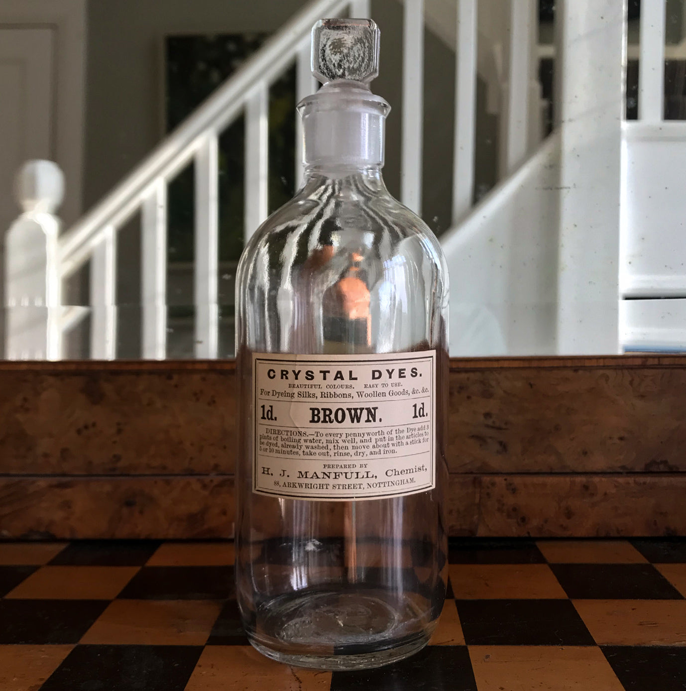 Set of Five Clear Apothecary Bottles with original Crystal Dyes paper labels from The H. J Manfull Chemist, 88 Arkwright Street, Nottingham - SHOP NOW - www.intovintage.co.uk