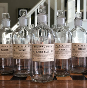 Set of Five Clear Apothecary Bottles with original Crystal Dyes paper labels from The H. J Manfull Chemist, 88 Arkwright Street, Nottingham - SHOP NOW - www.intovintage.co.uk