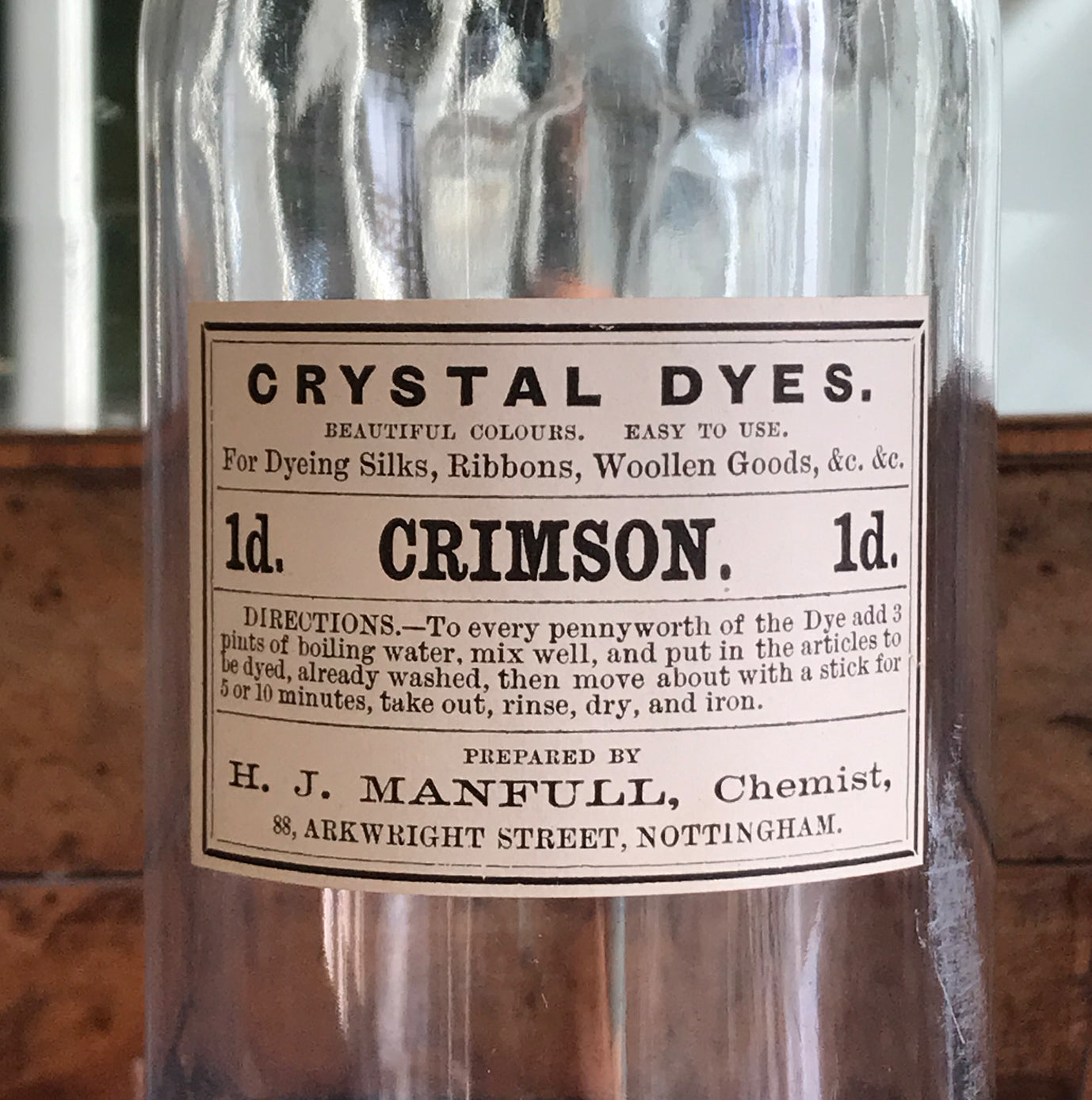 Set of Five Clear Apothecary Bottles with original Crystal Dyes paper labels from The H. J Manfull Chemist, 88 Arkwright Street, Nottingham - SHOP NOW - www.intovintage.co.uk