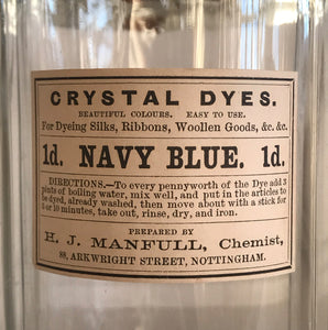 Set of Five Clear Apothecary Bottles with original Crystal Dyes paper labels from The H. J Manfull Chemist, 88 Arkwright Street, Nottingham - SHOP NOW - www.intovintage.co.uk