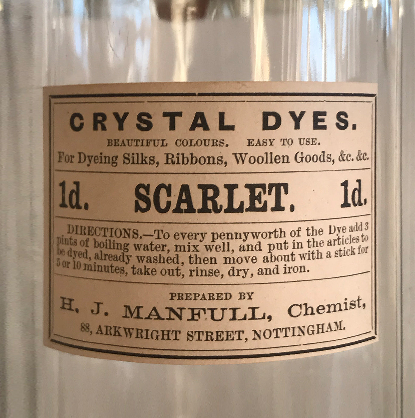 Set of Five Clear Apothecary Bottles with original Crystal Dyes paper labels from The H. J Manfull Chemist, 88 Arkwright Street, Nottingham - SHOP NOW - www.intovintage.co.uk