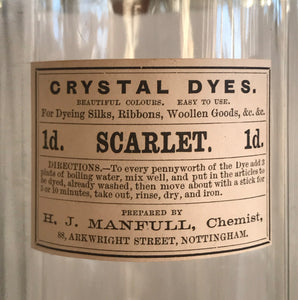 Set of Five Clear Apothecary Bottles with original Crystal Dyes paper labels from The H. J Manfull Chemist, 88 Arkwright Street, Nottingham - SHOP NOW - www.intovintage.co.uk