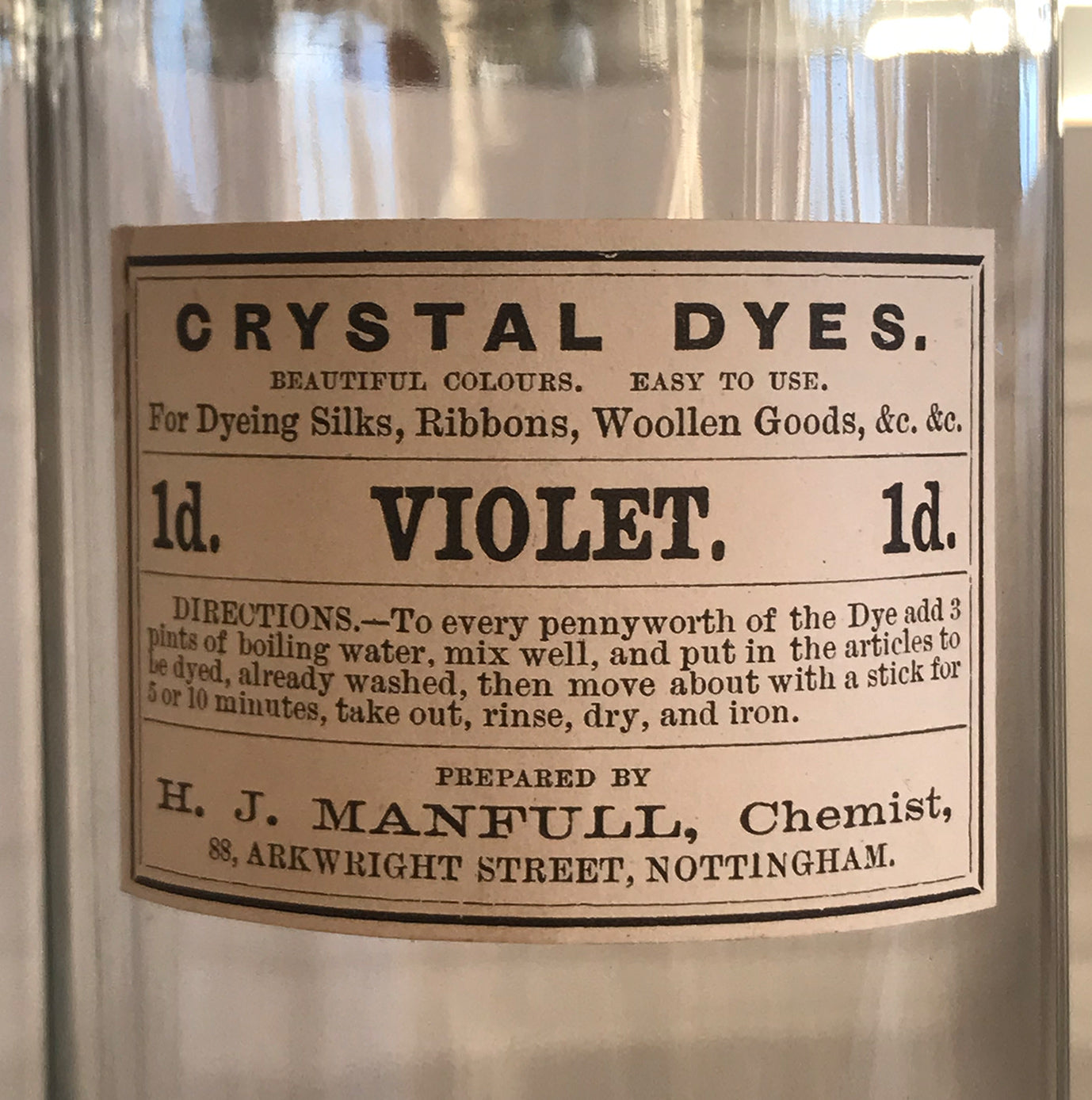 Set of Five Clear Apothecary Bottles with original Crystal Dyes paper labels from The H. J Manfull Chemist, 88 Arkwright Street, Nottingham - SHOP NOW - www.intovintage.co.uk