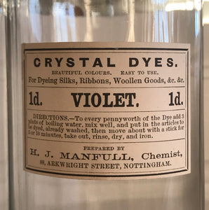 Set of Five Clear Apothecary Bottles with original Crystal Dyes paper labels from The H. J Manfull Chemist, 88 Arkwright Street, Nottingham - SHOP NOW - www.intovintage.co.uk