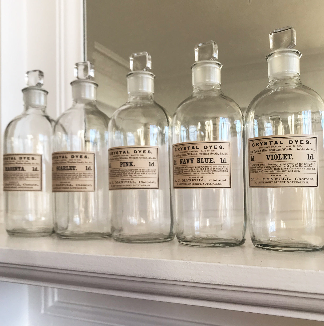 Set of Five Clear Apothecary Bottles with original Crystal Dyes paper labels from The H. J Manfull Chemist, 88 Arkwright Street, Nottingham - SHOP NOW - www.intovintage.co.uk
