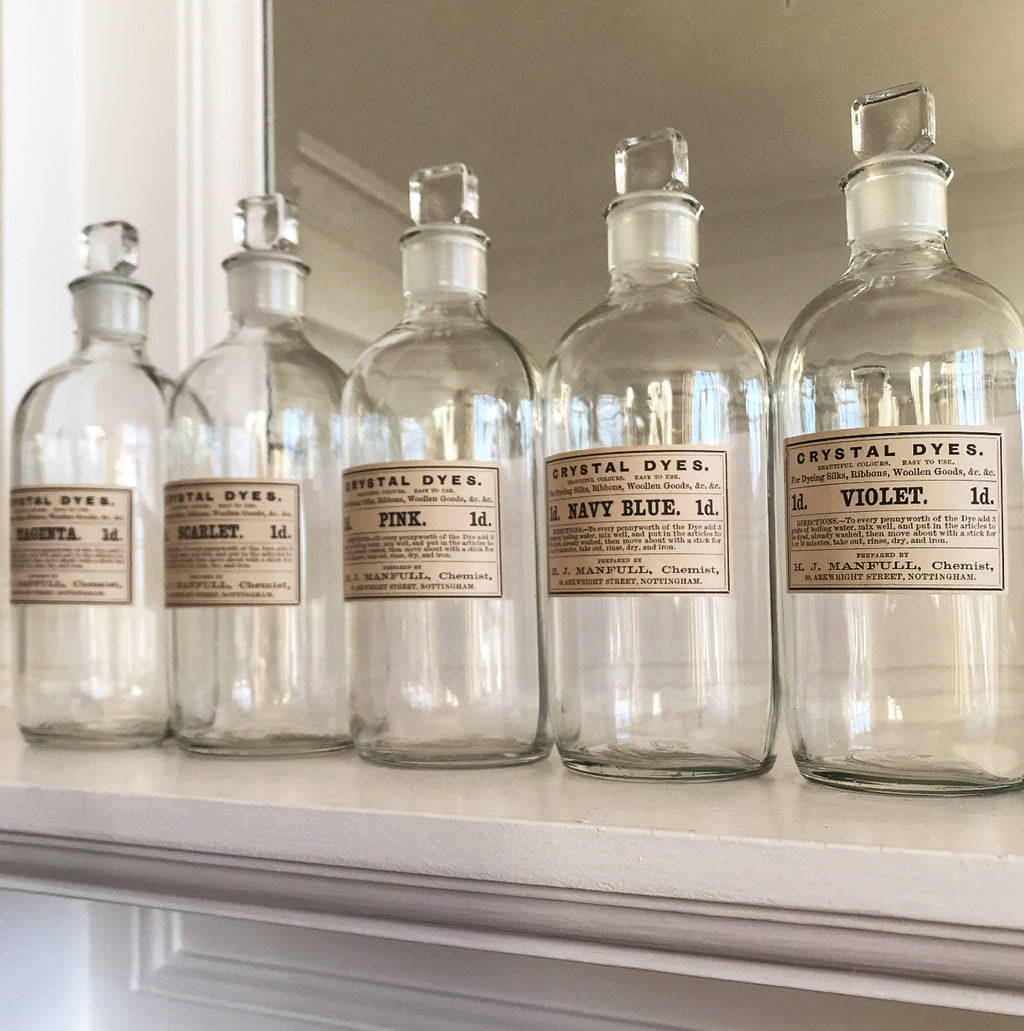 Set of Five Clear Apothecary Bottles with original Crystal Dyes paper labels from The H. J Manfull Chemist, 88 Arkwright Street, Nottingham - SHOP NOW - www.intovintage.co.uk