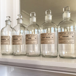 Set of Five Clear Apothecary Bottles with original Crystal Dyes paper labels from The H. J Manfull Chemist, 88 Arkwright Street, Nottingham - SHOP NOW - www.intovintage.co.uk