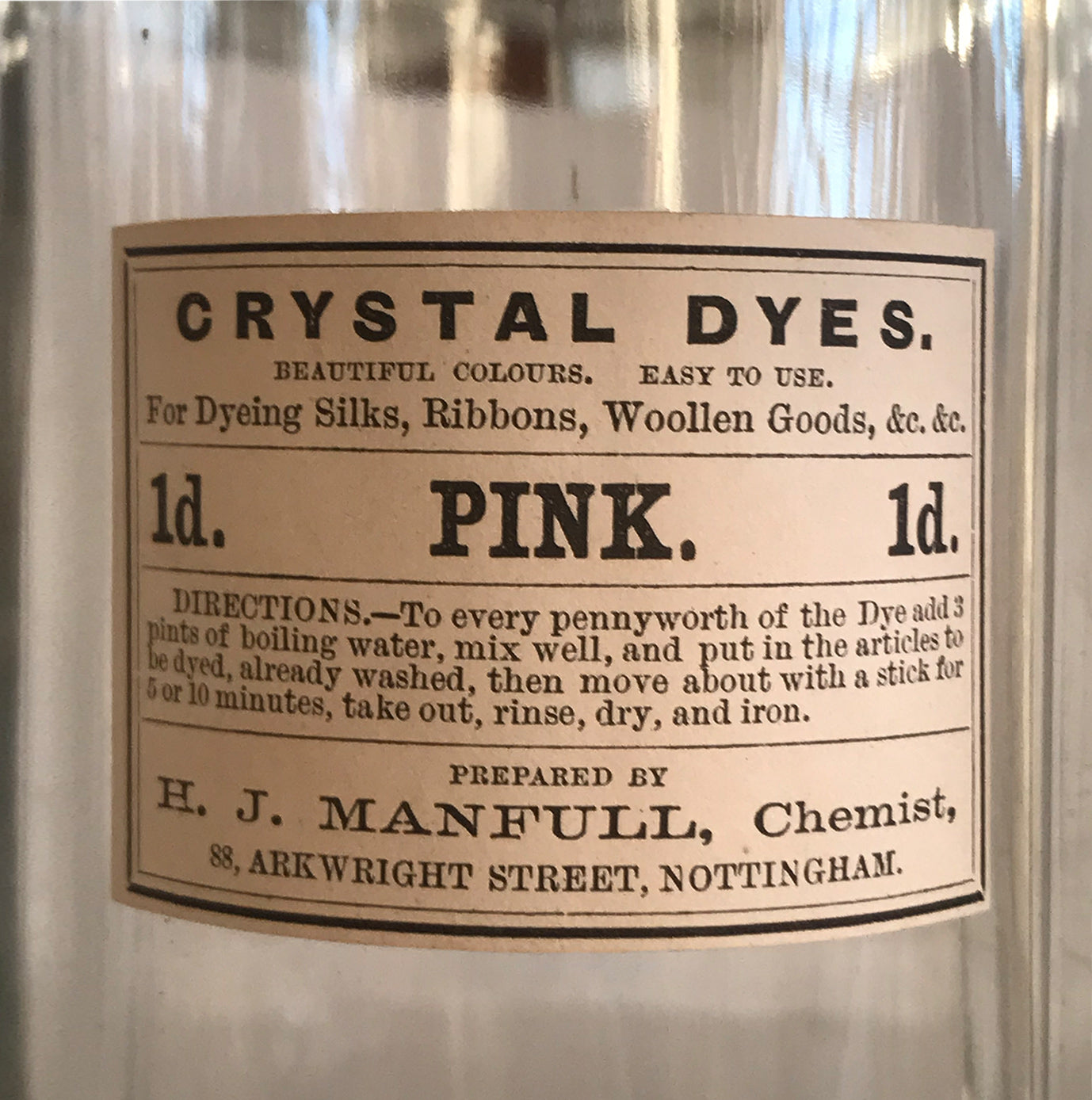 Set of Five Clear Apothecary Bottles with original Crystal Dyes paper labels from The H. J Manfull Chemist, 88 Arkwright Street, Nottingham - SHOP NOW - www.intovintage.co.uk