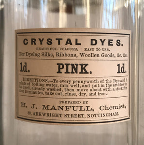 Set of Five Clear Apothecary Bottles with original Crystal Dyes paper labels from The H. J Manfull Chemist, 88 Arkwright Street, Nottingham - SHOP NOW - www.intovintage.co.uk