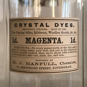 Set of Five Clear Apothecary Bottles with original Crystal Dyes paper labels from The H. J Manfull Chemist, 88 Arkwright Street, Nottingham - SHOP NOW - www.intovintage.co.uk