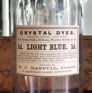 Set of Five Clear Apothecary Bottles with original Crystal Dyes paper labels from The H. J Manfull Chemist, 88 Arkwright Street, Nottingham - SHOP NOW - www.intovintage.co.uk