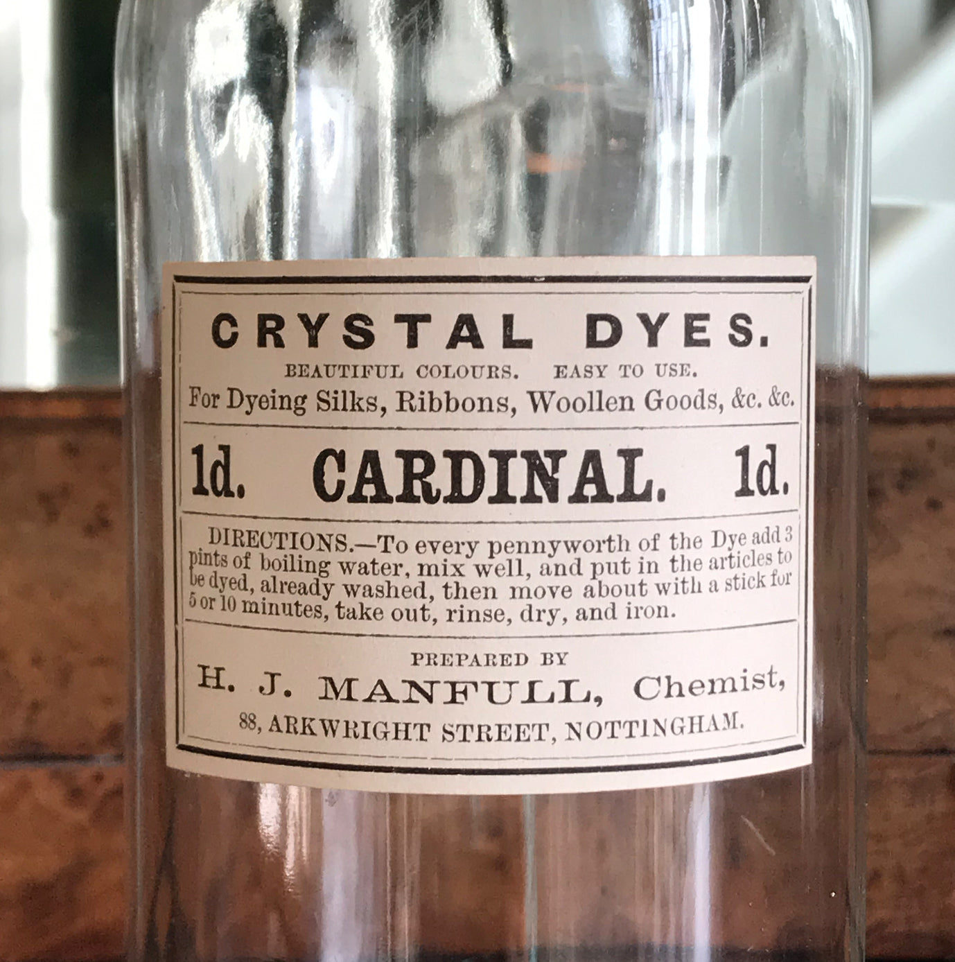 Set of Five Clear Apothecary Bottles with original Crystal Dyes paper labels from The H. J Manfull Chemist, 88 Arkwright Street, Nottingham - SHOP NOW - www.intovintage.co.uk