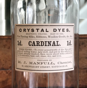 Set of Five Clear Apothecary Bottles with original Crystal Dyes paper labels from The H. J Manfull Chemist, 88 Arkwright Street, Nottingham - SHOP NOW - www.intovintage.co.uk