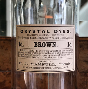 Set of Five Clear Apothecary Bottles with original Crystal Dyes paper labels from The H. J Manfull Chemist, 88 Arkwright Street, Nottingham - SHOP NOW - www.intovintage.co.uk