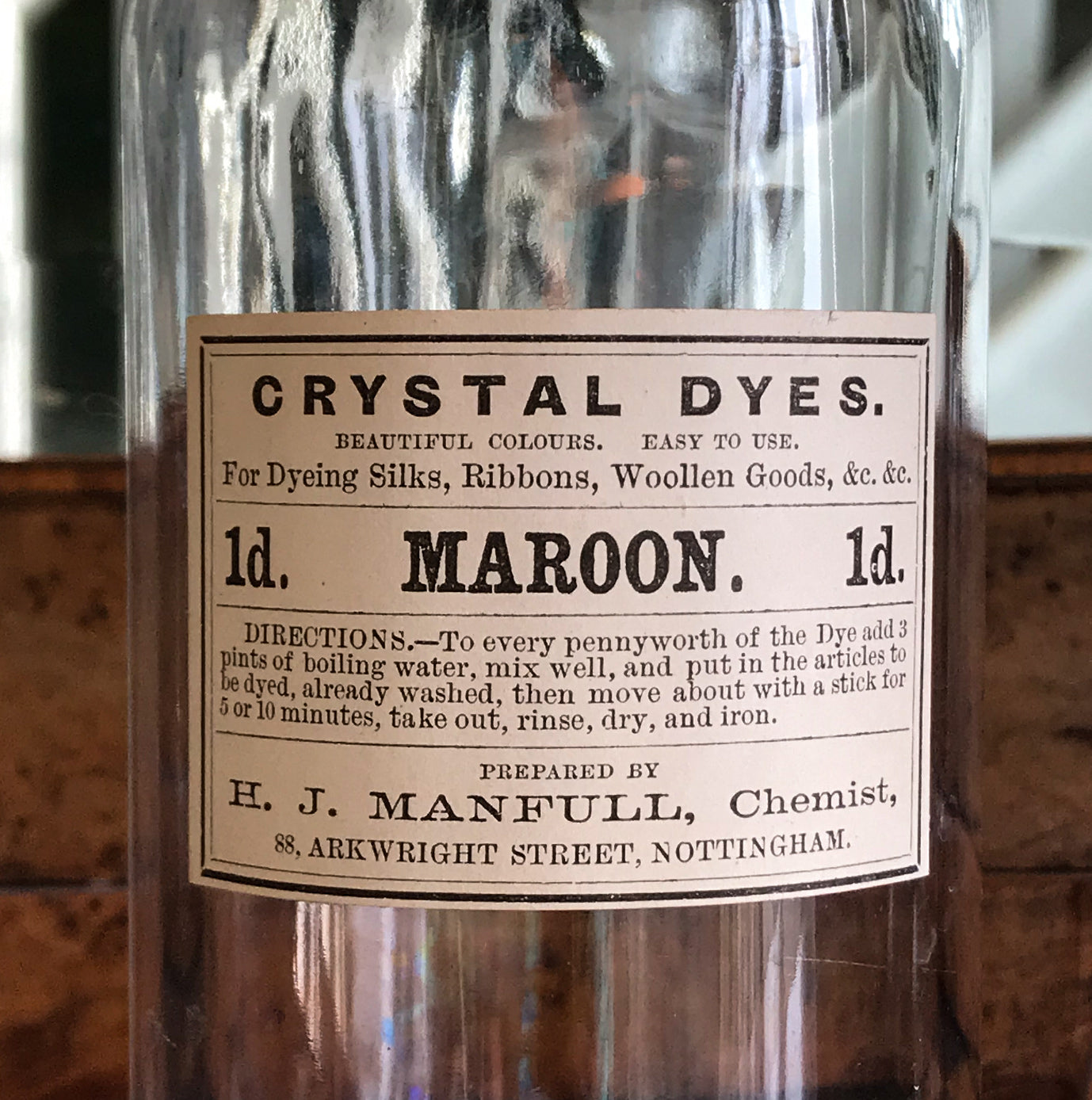 Set of Five Clear Apothecary Bottles with original Crystal Dyes paper labels from The H. J Manfull Chemist, 88 Arkwright Street, Nottingham - SHOP NOW - www.intovintage.co.uk