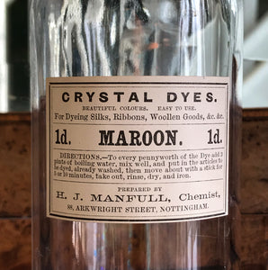 Set of Five Clear Apothecary Bottles with original Crystal Dyes paper labels from The H. J Manfull Chemist, 88 Arkwright Street, Nottingham - SHOP NOW - www.intovintage.co.uk
