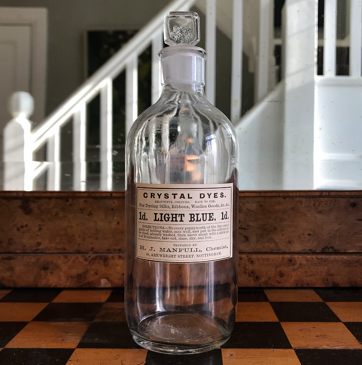Set of Five Clear Apothecary Bottles with original Crystal Dyes paper labels from The H. J Manfull Chemist, 88 Arkwright Street, Nottingham - SHOP NOW - www.intovintage.co.uk