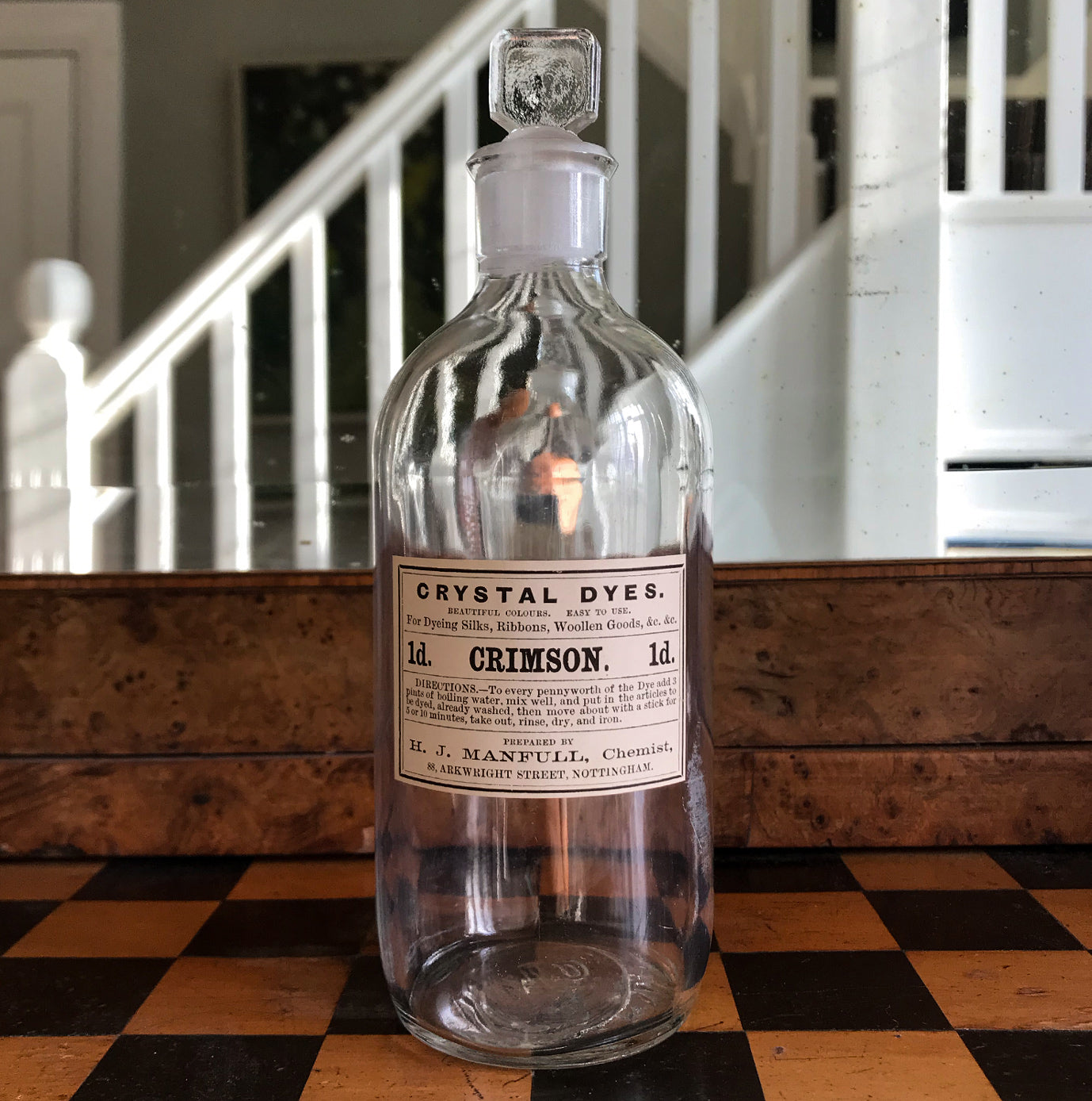Set of Five Clear Apothecary Bottles with original Crystal Dyes paper labels from The H. J Manfull Chemist, 88 Arkwright Street, Nottingham - SHOP NOW - www.intovintage.co.uk
